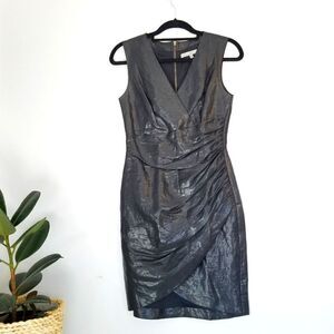 NWOT Emil Rutenberg Coated Linen Oil Slick Draped V-Neck Faux Wrap Sheath Dress